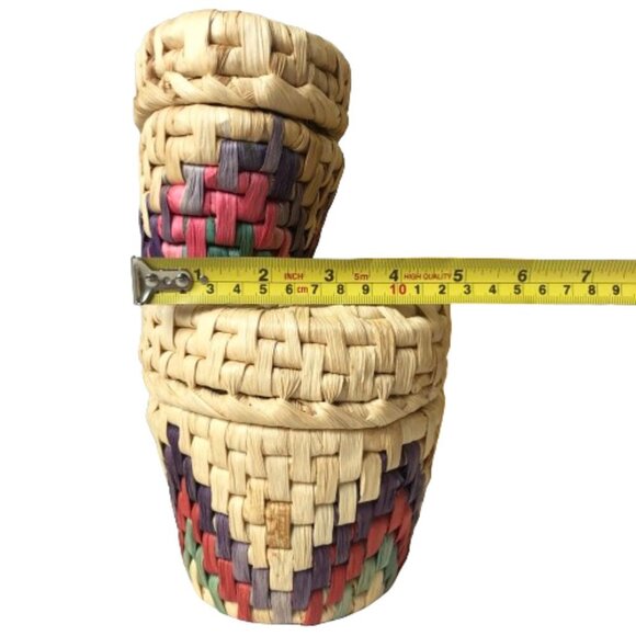 Two piece colorful raffia woven nesting basket container set with lids - Picture 16 of 16